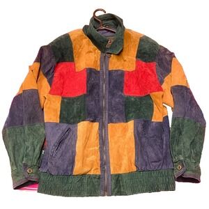 Vintage Patchwork‎ Leather Bomber Jacket Men's M Colorful 80s 90s Lined Korea